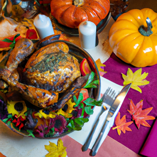 A festive Thanksgiving table setting with a roasted turkey as the centerpiece, surrounded by side dishes and decor